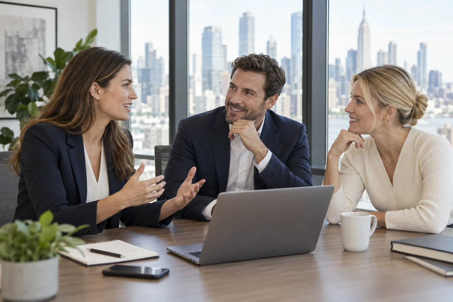 Illustrative business professionals in conversation in a New York office