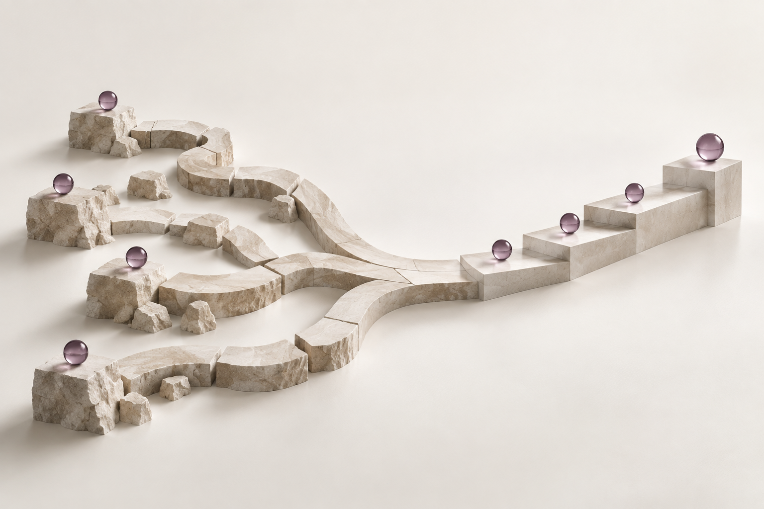 Conceptual disconnected architectural paths becoming one ordered route, illustrating a Salesforce roadmap