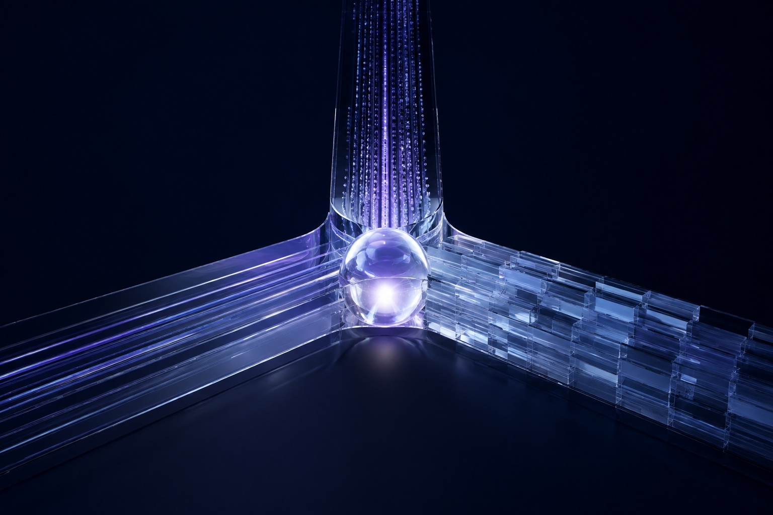 Separate translucent information streams converging into one clear glass core