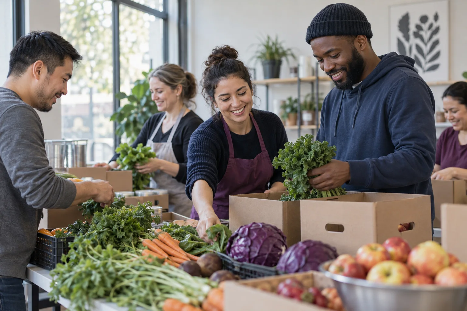 Illustrative adult nonprofit volunteers coordinating fresh produce and community food boxes